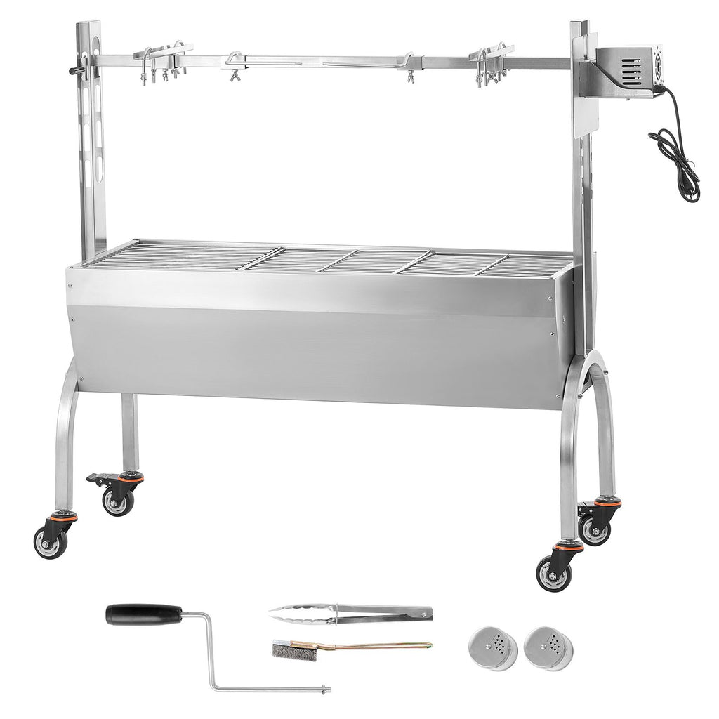 Rotisserie Grill, BBQ Whole Pig Lamb Goat Charcoal Spit Grill, 46 Inch 132 Lbs Capacity, Electric 52W Motor Stainless Steel Rotisserie Roaster with Lockable Wheels, for Camping Outdoor