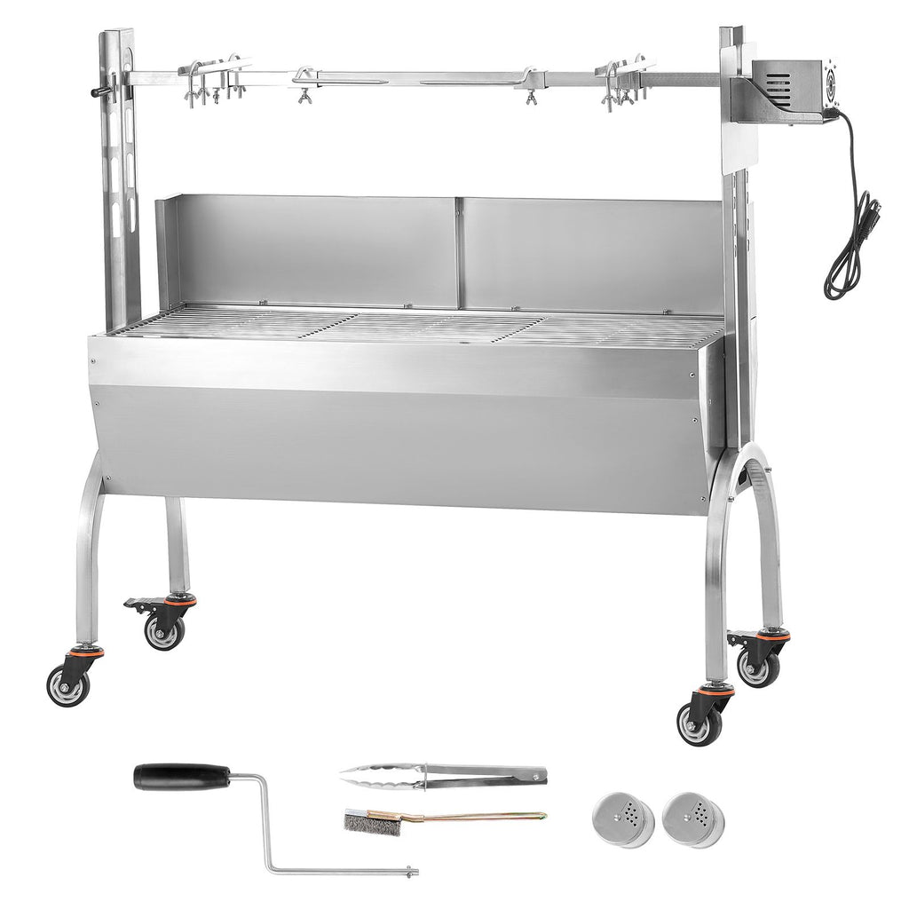 Rotisserie Grill with Windscreen, BBQ Whole Pig Lamb Goat Charcoal Spit Grill, 46 Inch 132 Lbs Capacity, Electric 52W Motor Stainless Steel Roaster with Lockable Wheels, for Camping Outdoor