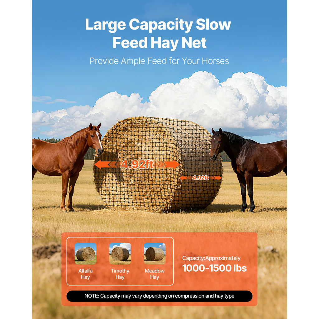 Round Bale Hay Net, 4.92 x 4.92 x 4.92 ft, 1.75 inch Holes, PE Material, Reinforced Knotted Design, with Zip Ties, Needle Shuttle, and Repair Twine, Slow Feeder Round Bale Net for Horses image 2