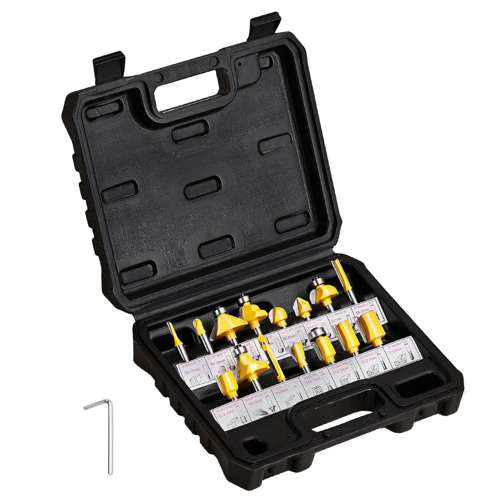 Router Bits Set, 15 Pieces, Carbide Router Bit Kit with 1/4 Inch Shank, Plastic Carrying Case, Woodworking Tools for Professional and Beginners Carpenter, for Wood MDF Particle Board Plywood