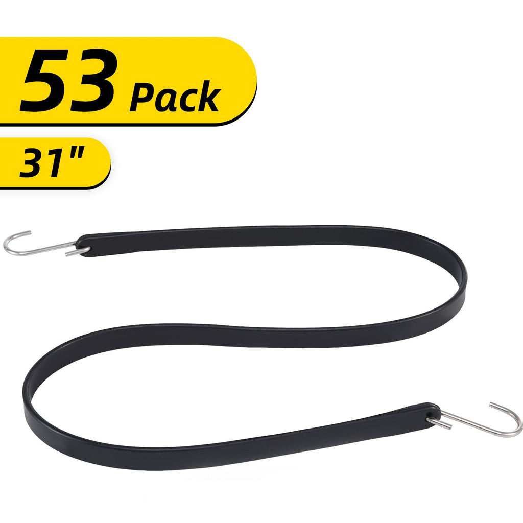 Rubber Bungee Cords, 53 Pack 31\" Long, Weatherproof EPDM Rubber Tie Down Straps with Crimped S Hooks, Heavy Duty Outdoor Tarp Straps for Securing Flatbed Trailers, Canvases, Cargo, and More