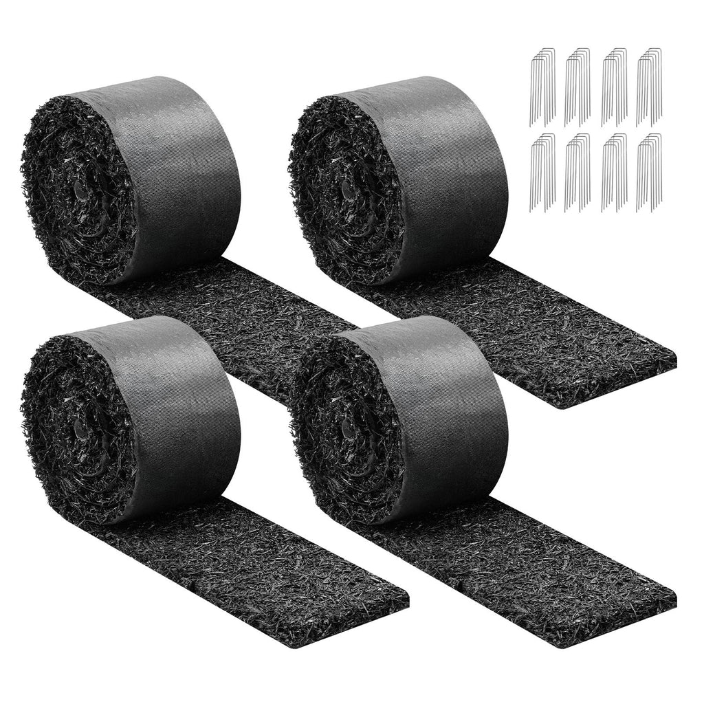 Rubber Mulch Mat Roll, 4 Rolls 120 x 4.5 in, Recycled Rubber Permanent Mulch Edging Border, Natural-Looking Flower Barrier with Stakes, 0.5 in Thick Cuttable Garden Edgings for Landscaping