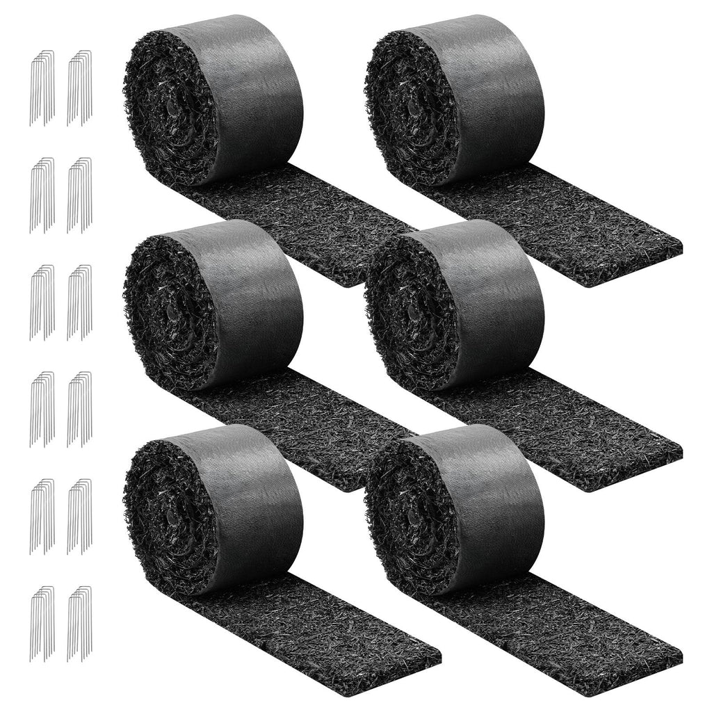 Rubber Mulch Mat Roll, 6 Rolls 120 x 4.5 in, Recycled Rubber Permanent Mulch Edging Border, Natural-Looking Flower Barrier with Stakes, 0.5 in Thick Cuttable Garden Edgings for Landscaping