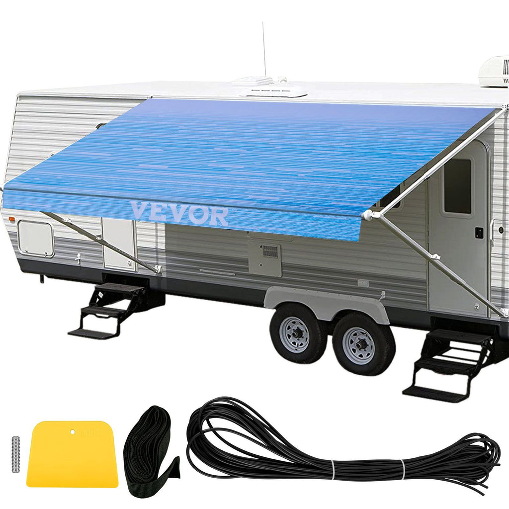 RV Awning 15\' Camper Awning Fabric, Trailer Awning Canopy Patio Camping Car Awning, Durable 15oz Vinyl Roller Tube for RV, Van, SUV, Patio Awning Replacement Ocean Blue Fade
