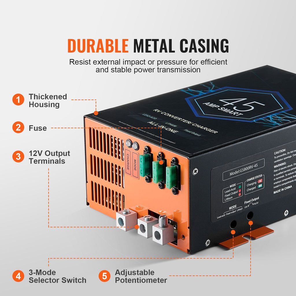 RV Converter, 45 Amp, 110V AC to 12V DC RV Power Converter Battery Charger with 4 Stage Smart Charging 13V to 16.5V Adjustable Operating Range, Compatible with Lithium Lead Acid Battery, ETL