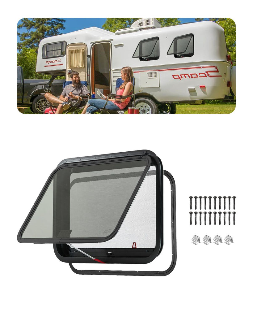 RV Exit Window, 30" W x 20" H Tinted RV Window with Net Screen and Trim Ring, Fit for 1 1/4" - 1 13/16" Thickness Wall, RV Window Replacement for Teardrop Cargo Trailer Camper, DOT Approved