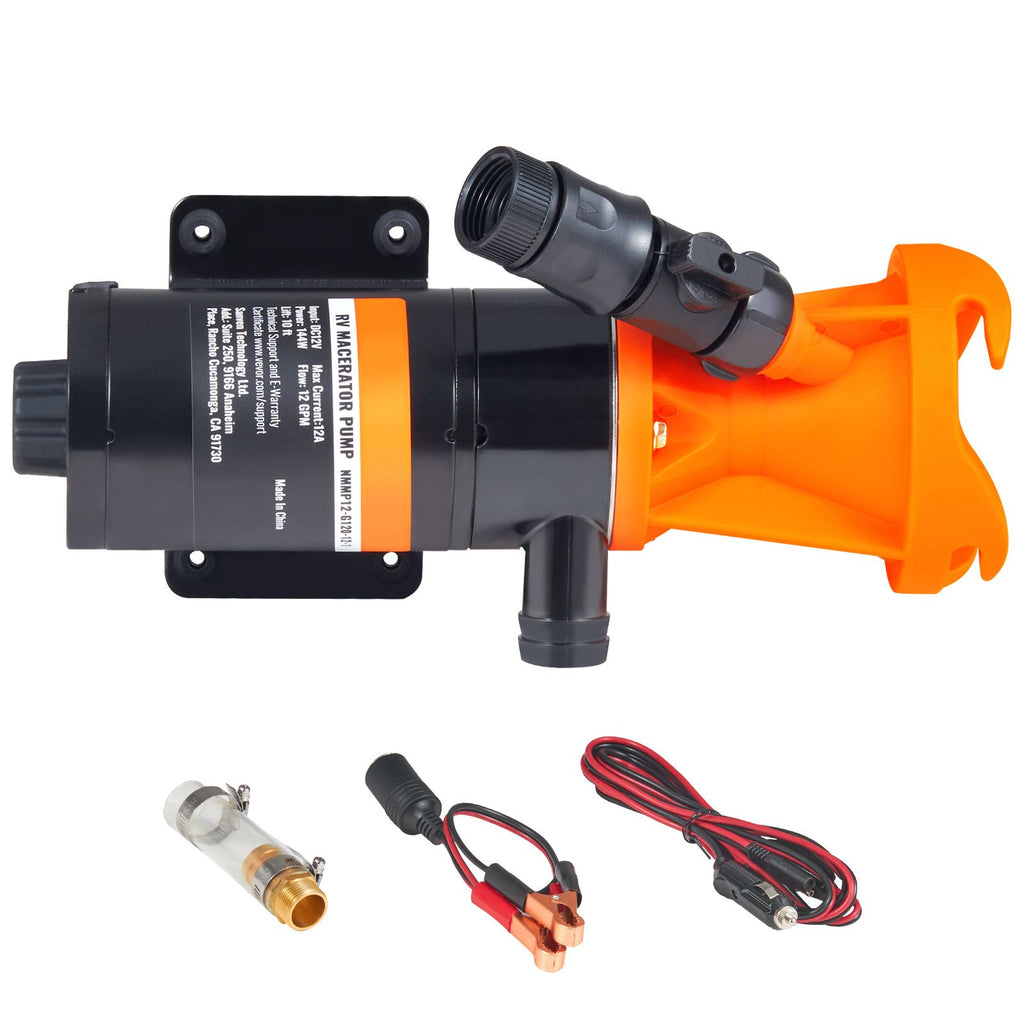 RV Portable Macerator Pump, 12V, 12GMP Quick Release RV Waste Pump, RV Sewage Sewer Pump with Detachable Quick Connection Valve Metal Hose Clamp Power Cord, for RV Boat Marine Motorhome Camper