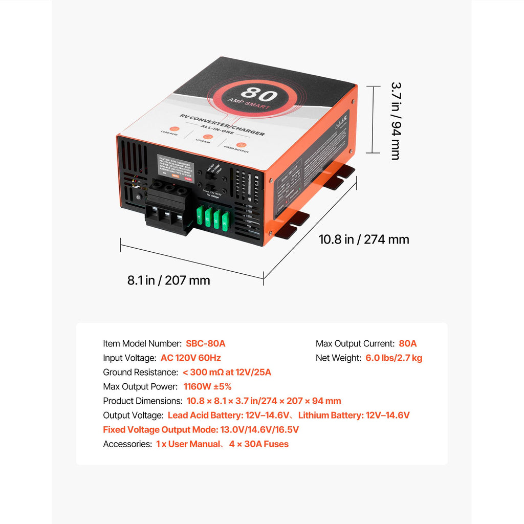 RV Power Converter, 80 Amp, 110V AC to 12V DC RV Converter Battery Charger, Multi Stage Smart Charging, 13V to 16.5V Operating Range, Compatible with Lithium & Lead Acid Battery, for Camper