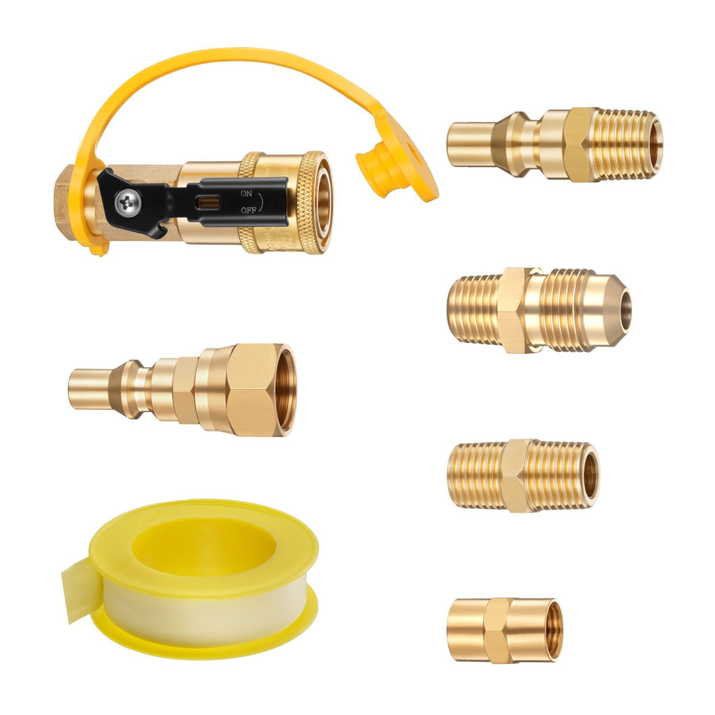 RV Propane Quick Connect Fitting Adapter Valve, 7 Pieces, 1/4-Inch Male NPT Full Flow Plug & 3/8-Inch Male Flare Quick Kit for Low Pressure Gas Appliances and RV Propane Quick Connections