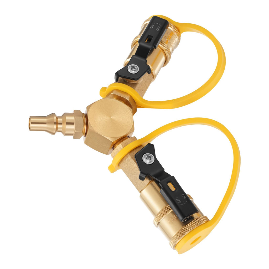 RV Propane Quick Connect Y Splitter Adapter with Shutoff Valve, 2 Way 1/4 inch Quick Disconnect Kit, Fits for RV Trailer, Quick Connect Propane Hose Connect to Motorhome Tabletop Camping Grill