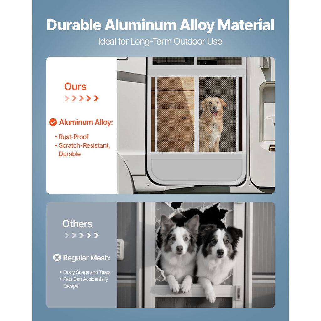 RV Screen Door Protector, 28.5 x 31.5 inch Door Grille, Easy to Install and Disassemble, Reinforced Breathable Protective Mesh, Aluminum Alloy Camper RV Entry Protector for Pet Protection, White