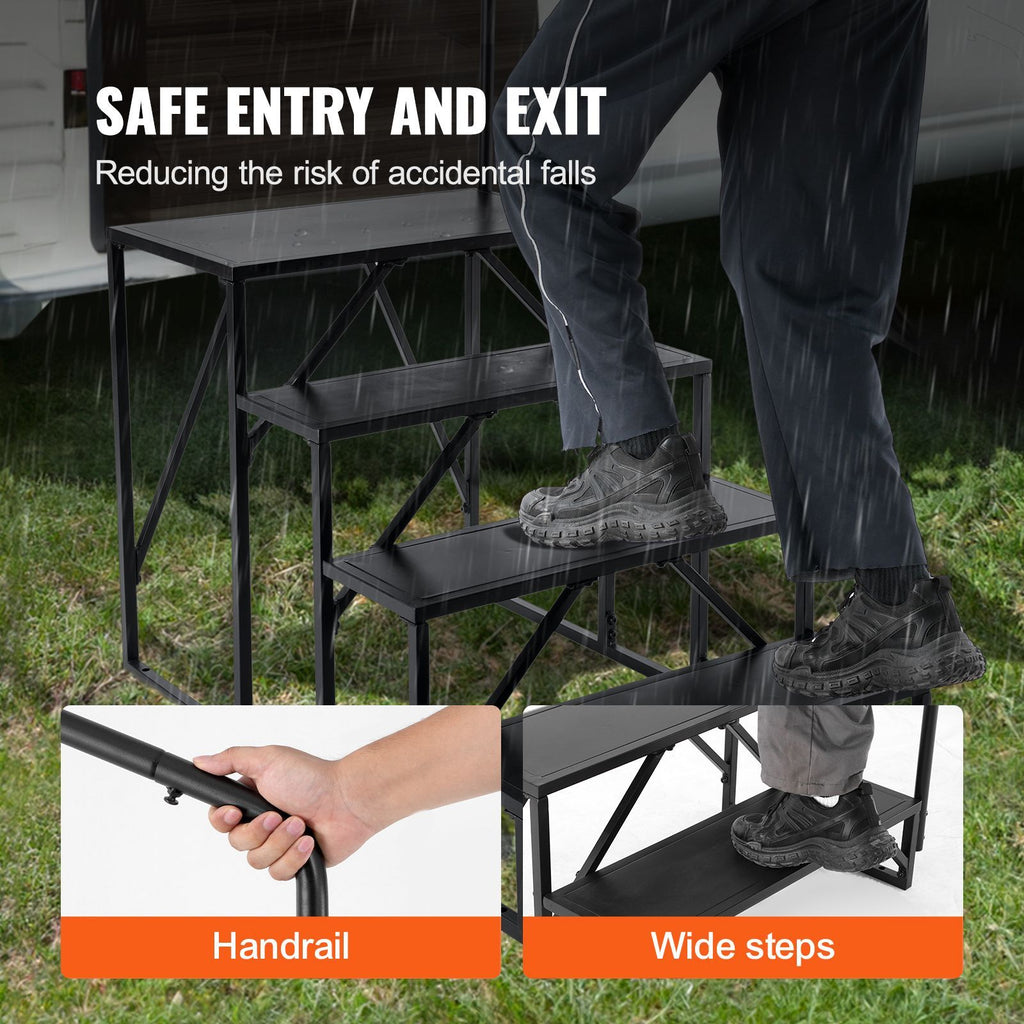 RV Steps, 4-Step RV Stairs, 440 LBS Load Capacity, Thickened Carbon Steel, With Handrail, Non-Slip Steps for Safe Entry and Exit, Suit for RV, Trailer, Camper Steps
