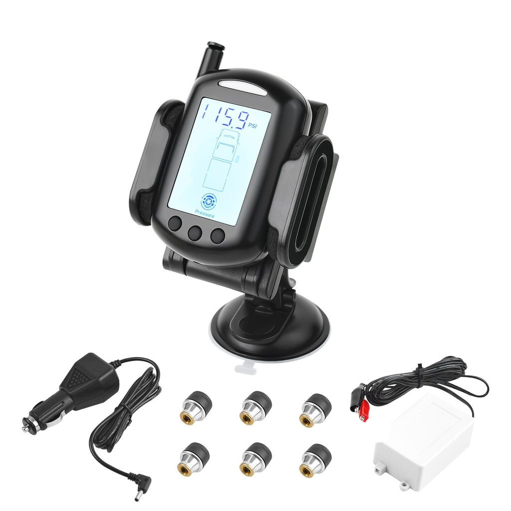 RV Tire Pressure Monitoring System, 0-199 PSI Trailer TPMS, Universal Wireless Car Alarm System, Waterproof TPMS Sensors Set with 6 Sensors, 7 Alarm Modes, Real-time Display, Easy to Install