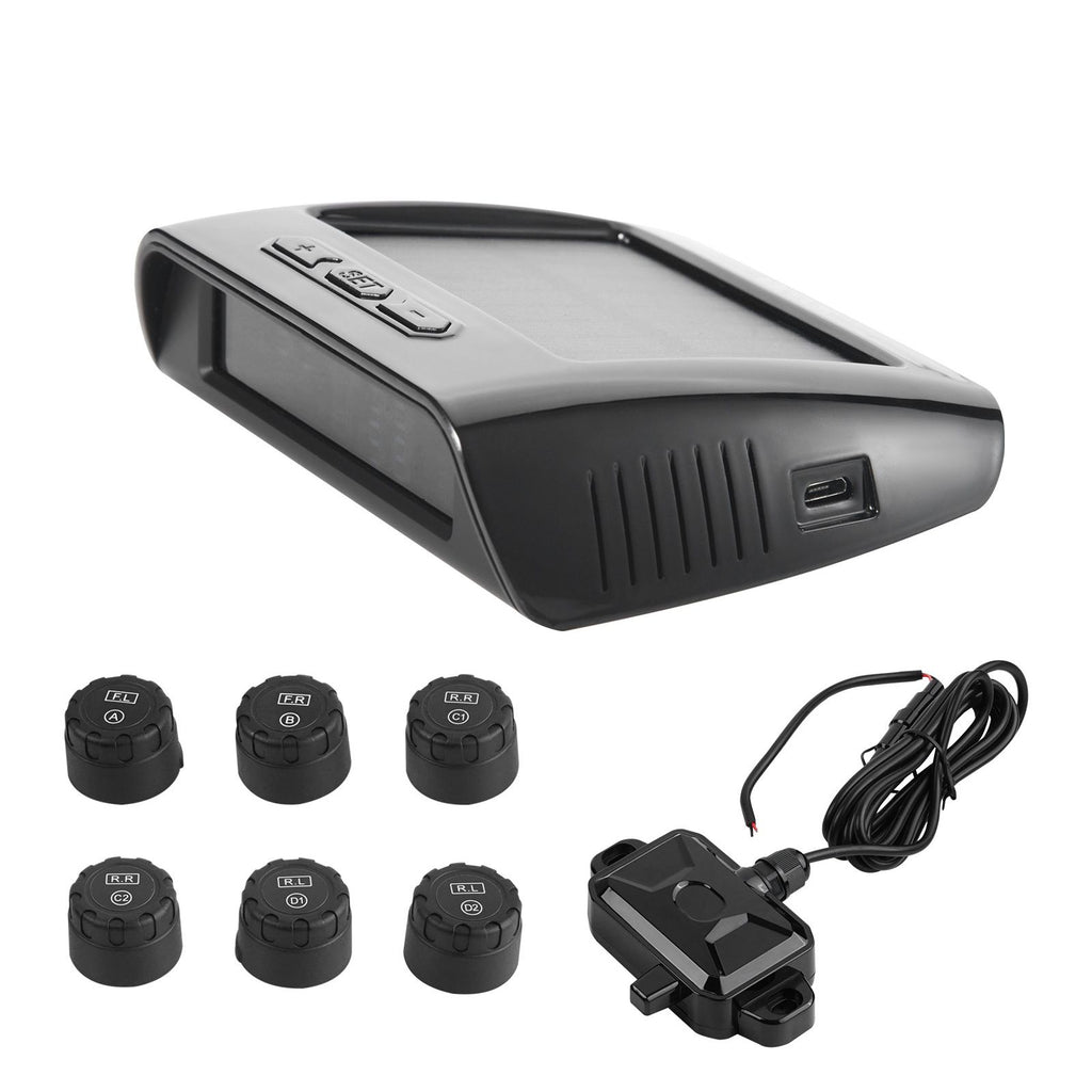 RV Tire Pressure Monitoring System, 7.3-116 PSI Trailer TPMS, Universal Wireless Car Alarm System, Waterproof TPMS Sensors Set with Solar Charge, 6 Sensors, 5 Alarm Modes, and Real-time Display
