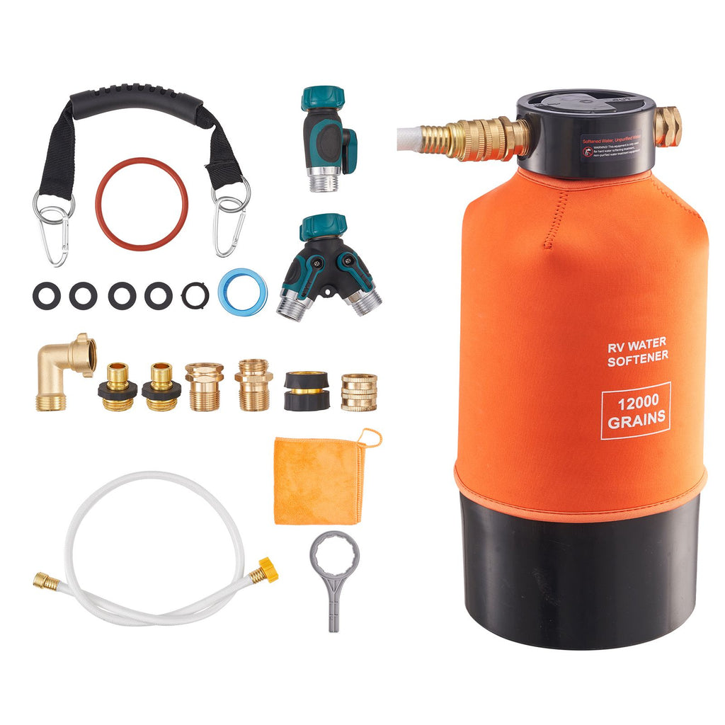 RV Water Softener, 12,000 Grain, Portable Water Softener System with NPT 3/4" Fittings, Food-Grade Resin, Quick Connect, Convenient for RVs, Trailers, Boats, Mobile Car Washing, Pressure Washing