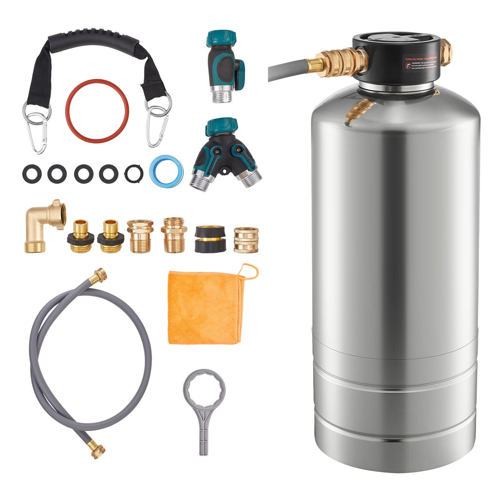 RV Water Softener, 16,000 Grain, Portable Water Softener with NPT 3/4" Fittings, Food-Grade Resin, Stainless Steel, Quick Connect, for RVs, Trailers, Boats, Mobile Car Washing, Pressure Washing
