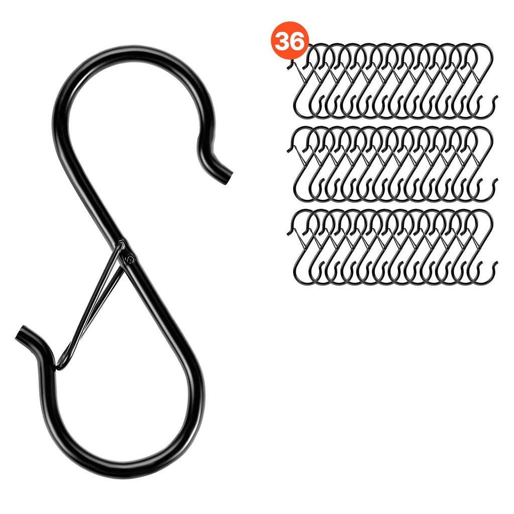 S Hooks 36 Pack, 39.68 LBS Capacity for Bars up to 0.85 Inch, S Shaped Hooks with Safety Buckle, Heavy Duty Metal Hangers for Plants, Jeans, Clothes in Garden, Closet, Kitchen, Bedroom, Black