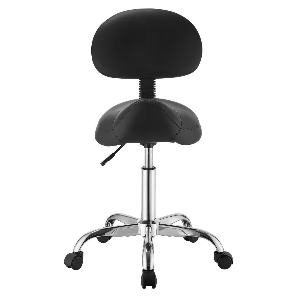 Saddle Stool with Back Support, 500 lbs Weight Capacity, Height Adjustable, Ergonomic PU Leather Seat, 360° Swivel Saddle Stool Rolling Chair with Wheels for Salon, Spa, Bar, Medical, Black