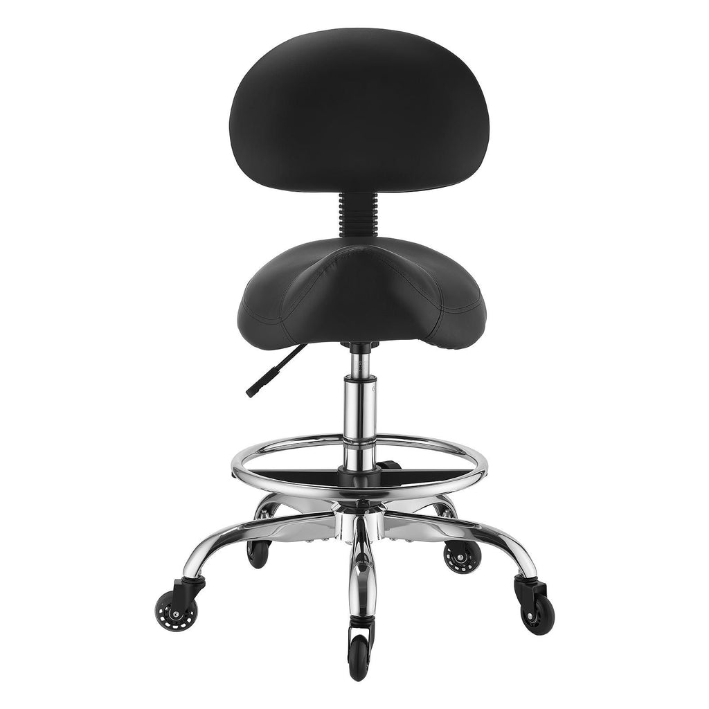 Saddle Stool with Back Support Footrest, 500 lbs Weight Capacity, Height Adjustable, Quiet Casters, PU Leather Seat, 360° Swivel Saddle Stool Rolling Chair for Salon, Spa, Bar, Medical, Black