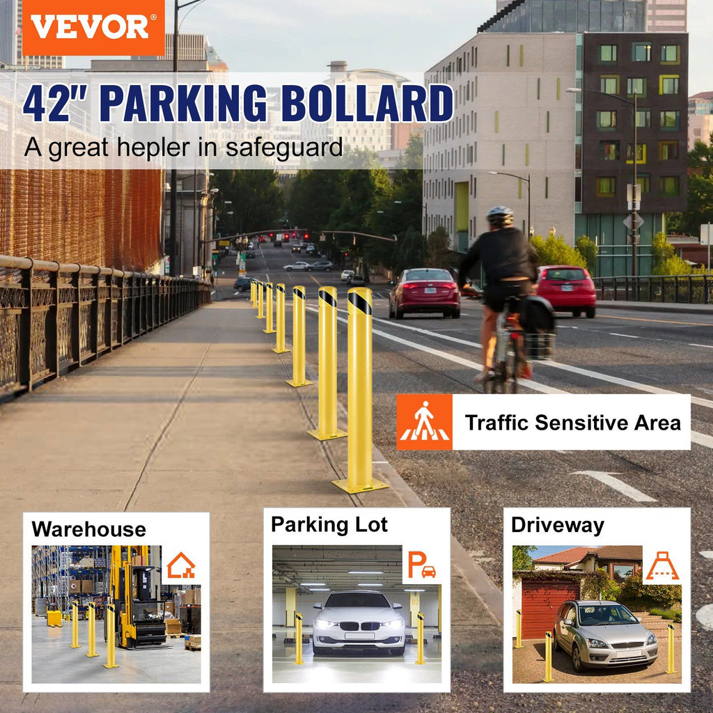 Safety Bollard, 42 Inch Height Bollard Post, 4.5 Inch Diameter Steel Pipe Safety Bollard Post, Yellow Steel Bollard, Steel Safety Bollard with 8 Anchor Bolts, Perfect for Traffic-Sensitive Area image 2