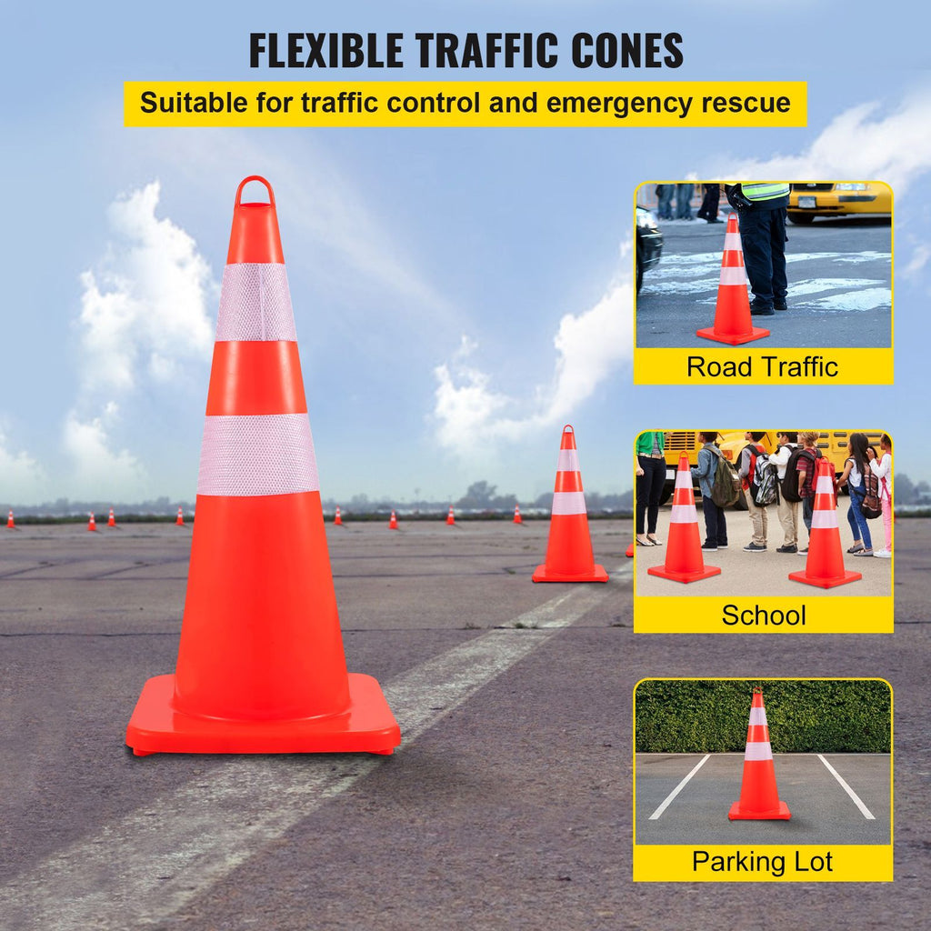 Safety Cones, 12 x 28\" Traffic Cones, PVC Orange Construction Cones, 2 Reflective Collars Traffic Cones with Weighted Base and Hand-Held Ring Used for Traffic Control, Driveway Road Parking