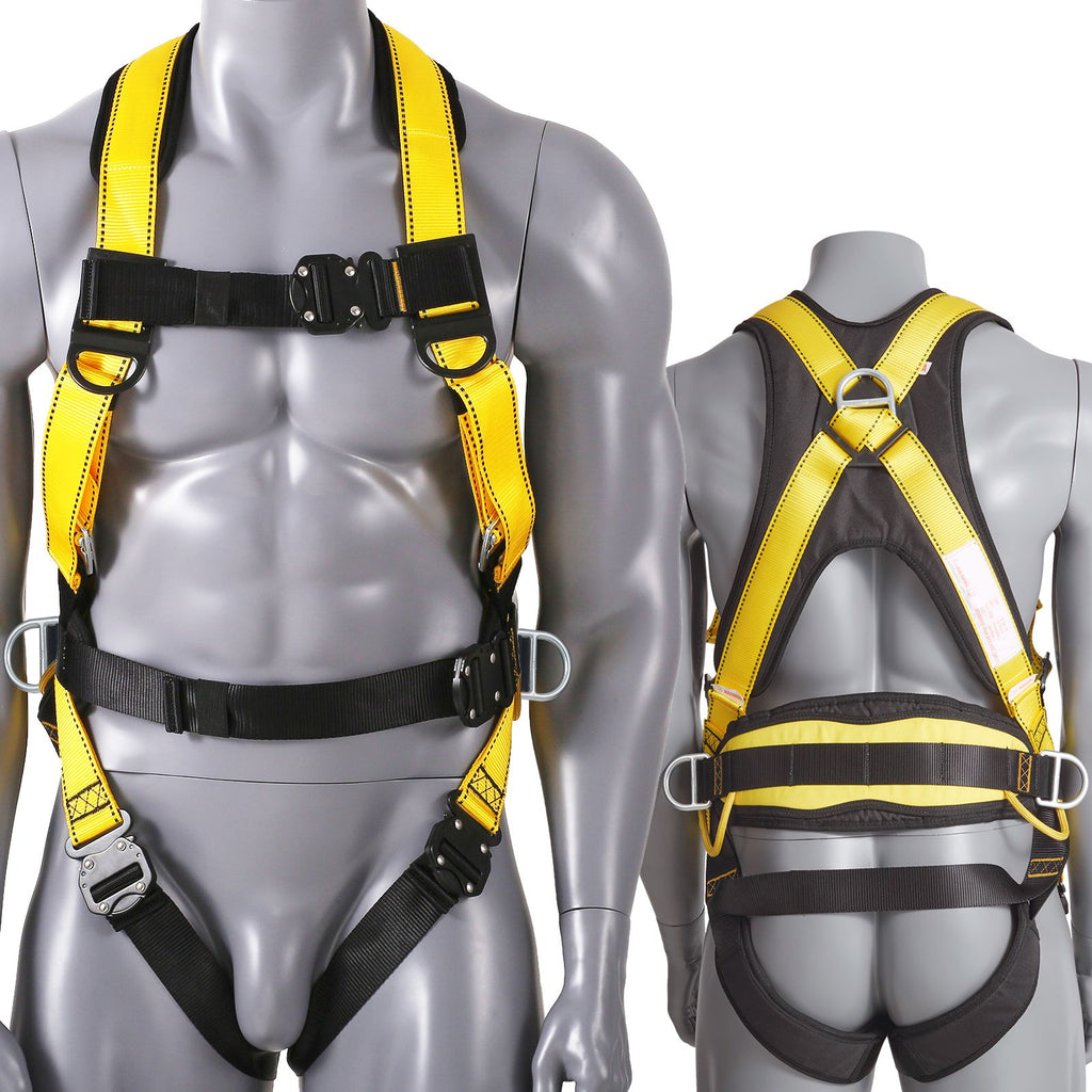 Safety Harness, Full Body Harness, Safety Harness Fall Protection with Added Padding, and Side Rings and Dorsal D-Rings and a Lanyard, ANSI/ASSE Z359.11-2014, 160 lbs Max Weight, S