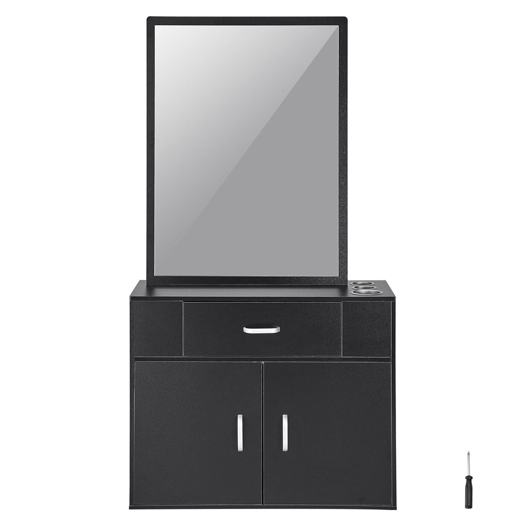 Salon Organizer, Wall-Hanging Unit for Hairdressers, Complete with 3 Holders, Mirror, Dual-Door Storage, and Single Drawer, Black