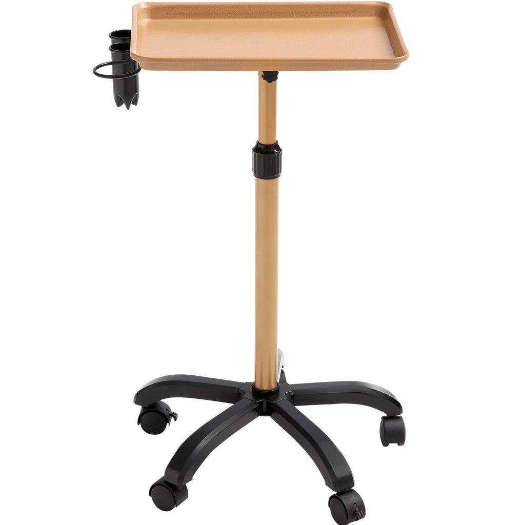 Salon Tray Cart, 30"-43" Height Adjustable Rolling Salon Tray, Cold-rolled Plate Tattoo Tray with 5 Wheels (2 Lockable) for SPA Barber Clinic, Gold & Black