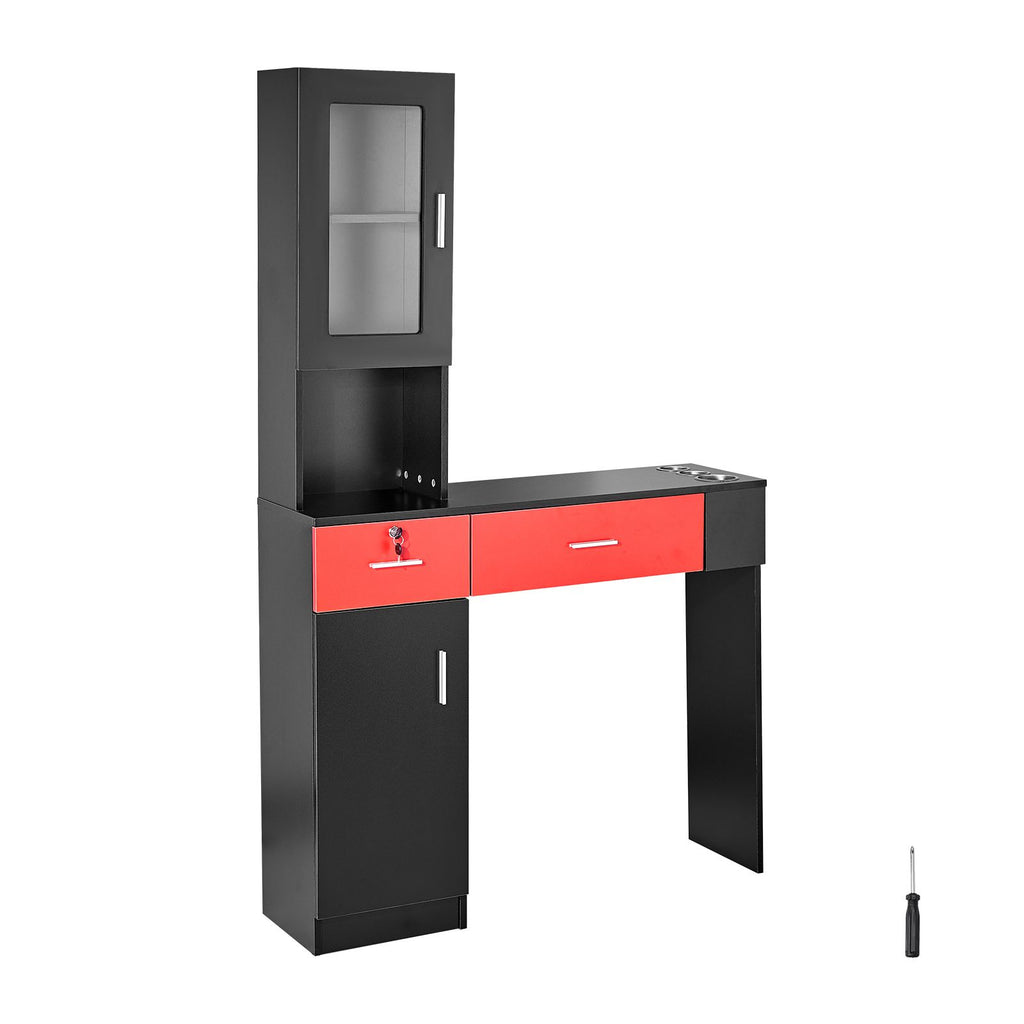 Salon Workstation, Wall-Mounted Unit for Hair Professionals, Spa Styling Storage Solution, Includes Cabinet, 3 Shelves & 2 Drawers (One with Lock), in Black & Red