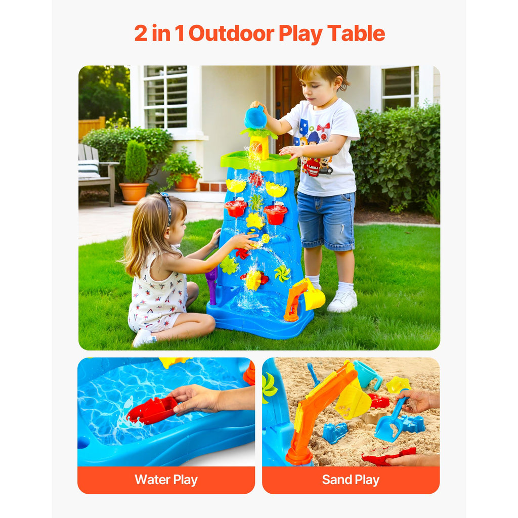 Sand and Water Table for Toddlers, Double-Sided Kids Activity Waterfall Playset with 37PCS Accessories, Kids Activity Sensory Table, Outdoor Summer Sand Water Play Table for 3+ Years Boys Girls