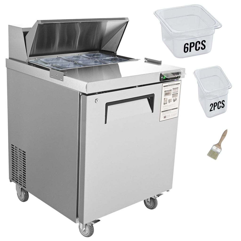 Sandwich Prep Table, 7.42 Cu. Ft. Salad Single-door Refrigerated Prep Table, 28-inch Food Prep Fridge, Commercial Stainless Steel Prep Refrigerator Table for Restaurant, Bar, Shop, Silver