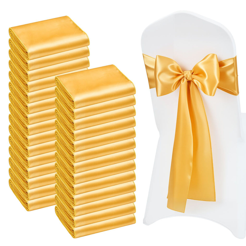 Satin Chair Sashes Bows, 100PCS Chair Ribbon Ties Back Sash, 7 x 108 inch, Gold Wedding Reception Decoration, for Wedding Ceremony Baby Shower Party Events Banquet Chair Cover Decoration