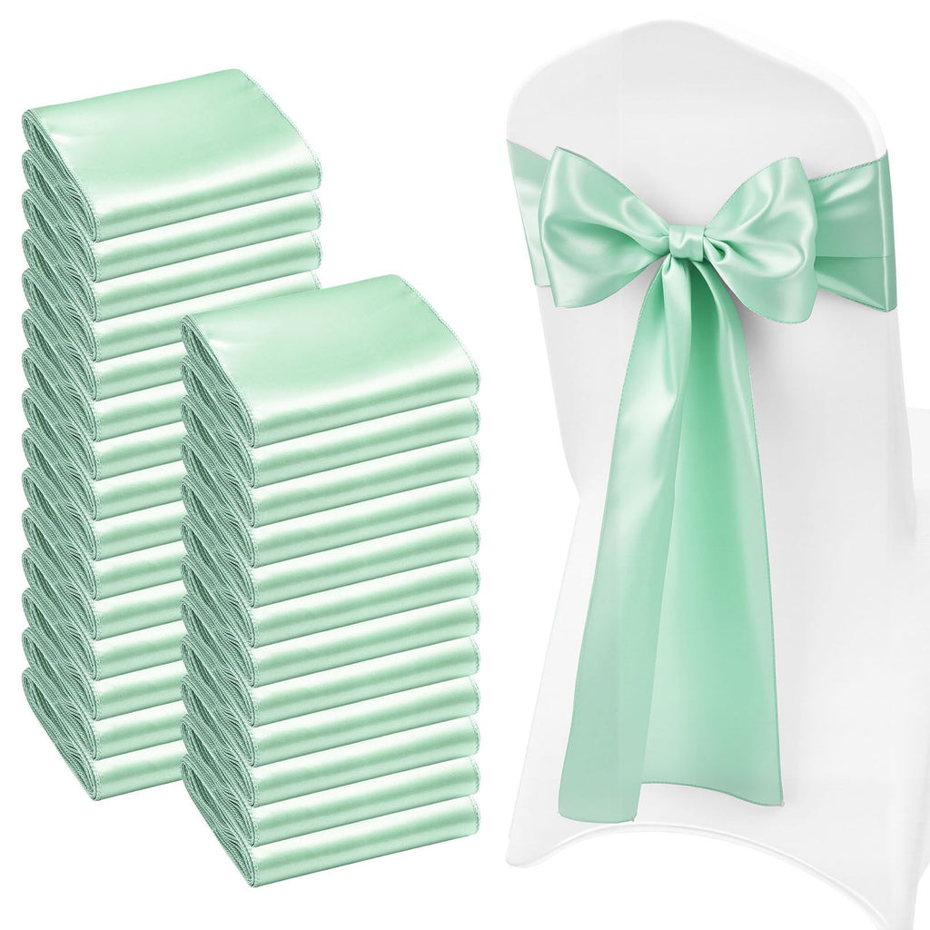Satin Chair Sashes Bows, 100PCS Chair Ribbon Ties Back Sash, 7 x 108 inch, Light Green Wedding Reception Decoration, for Wedding Ceremony Baby Shower Party Events Banquet Chair Cover Decoration