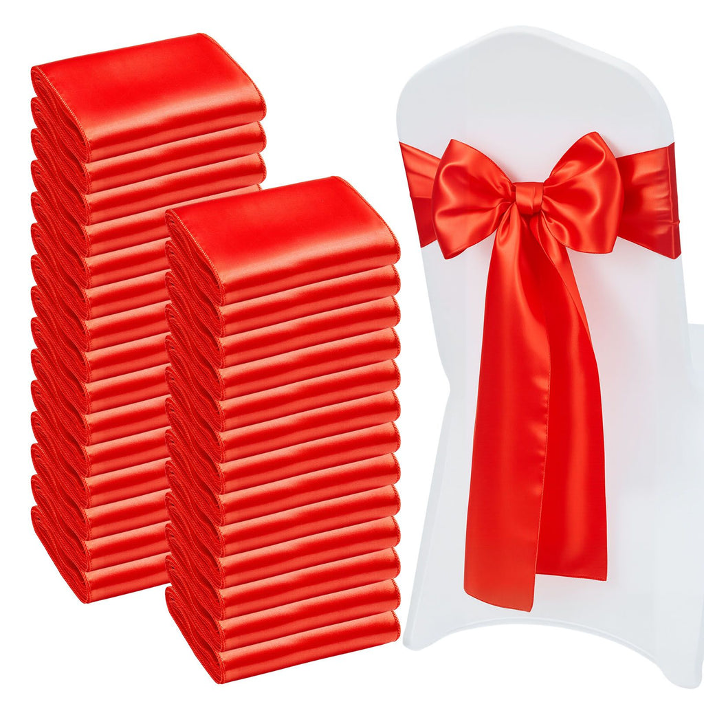 Satin Chair Sashes Bows, 100PCS Chair Ribbon Ties Back Sash, 7 x 108 inch, Red Wedding Reception Decoration, for Wedding Ceremony Baby Shower Party Events Banquet Chair Cover Decoration