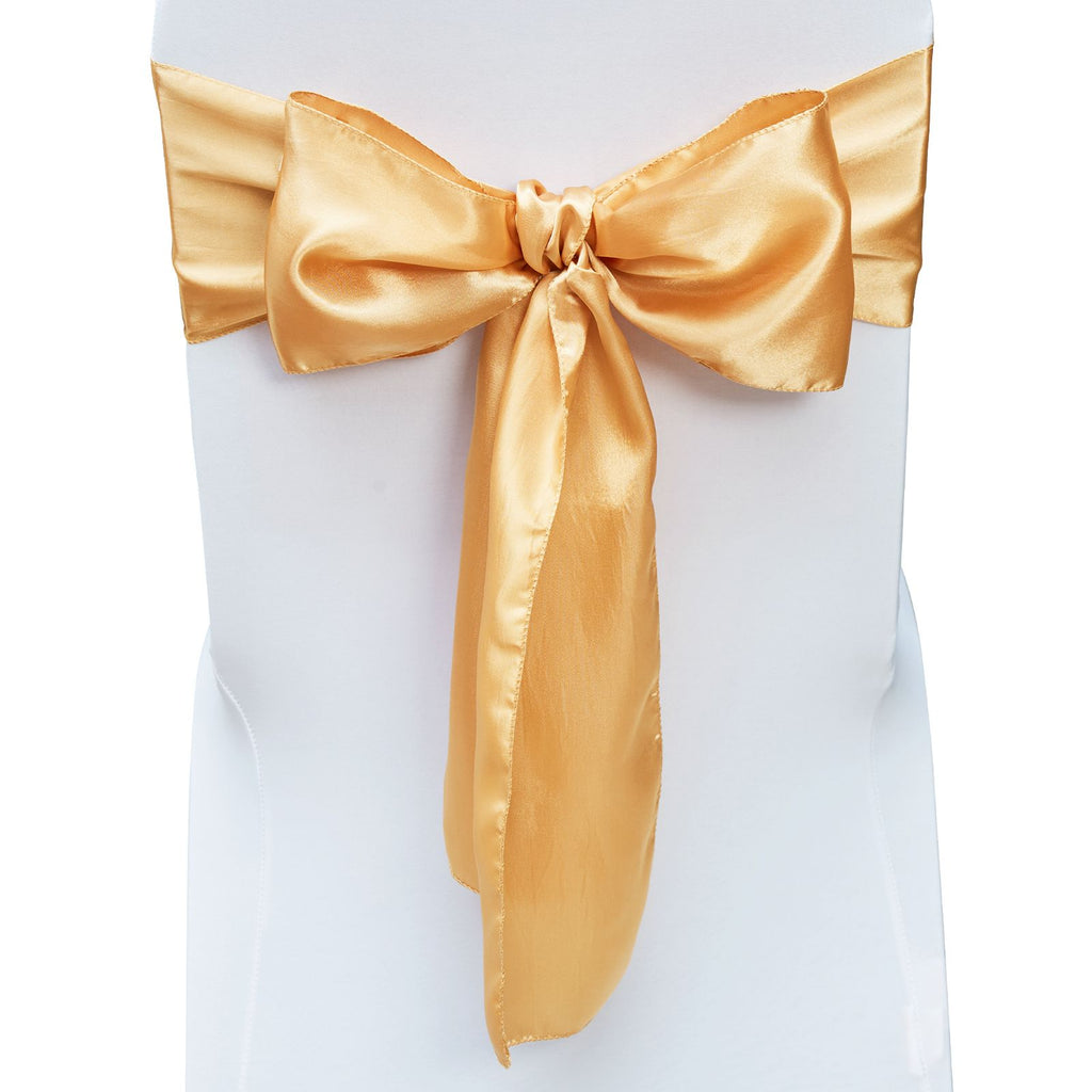 Satin Chair Sashes Bows, 50PCS Chair Ribbon Ties Back Sash, 7 x 108 inch, Gold Wedding Reception Decoration, for Wedding Ceremony Baby Shower Party Events Banquet Chair Cover Decoration