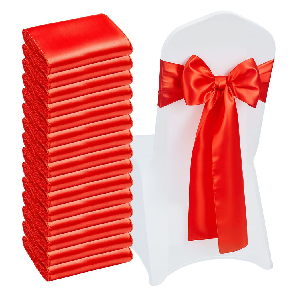 Satin Chair Sashes Bows, 50PCS Chair Ribbon Ties Back Sash, 7 x 108 inch, Red Wedding Reception Decoration, for Wedding Ceremony Baby Shower Party Events Banquet Chair Cover Decoration