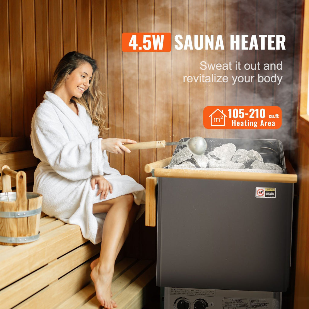 Sauna Heater, 4.5KW 220V Electric Sauna Stove, Steam Bath Sauna Heater with Built-In Controls, 3h Timer and Adjustable Temp for Max. 105-210 Cubic Feet, Home Hotel Shower Use, FCC Certification