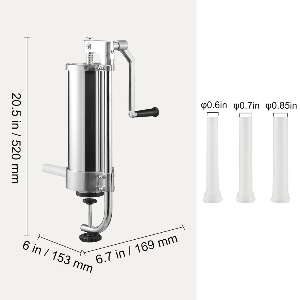 Sausage Stuffer, 5LBS/3L Capacity, 304 Stainless Steel Vertical Sausage Stuffer, Sausage Filling Machine with 3 Stuffing Tubes, Suction Base and Manual Crank for Household or Commercial Use