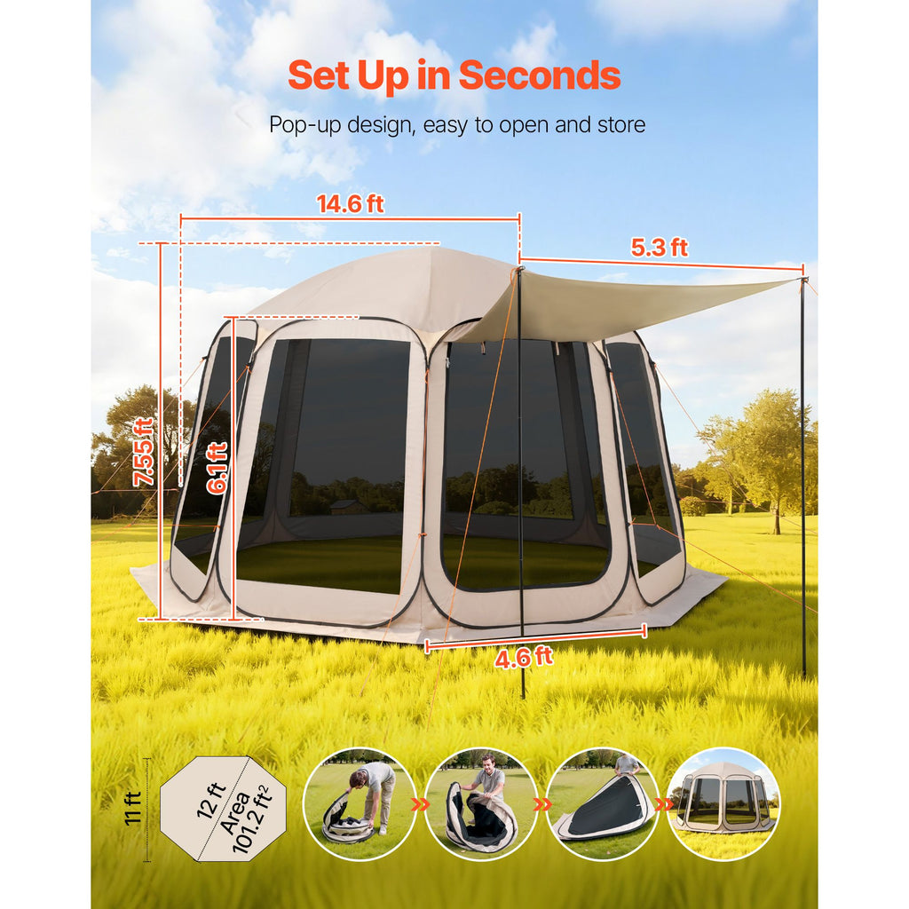 Screen House Tent, 12 x 11 ft, 10-12 Person Pop Up Screen Tent with Extended Awning, Portable Screened in Canopy with Carry Bag, Netting Sides, for Patio, Backyard, and Outdoor Activities, Beige image 2
