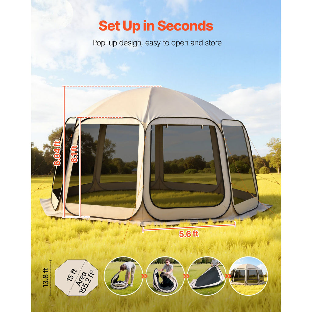 Screen House Tent, 15 x 13.8 ft, 12-15 Person Pop Up Screen Tent, Portable Screened in Canopy with Carry Bag, Netting Sides, Ground Stakes, for Garden, Patio, Backyard, Outdoor Activities, Beige image 2