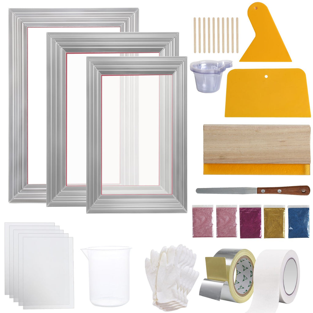 Screen Printing Kit, 3 PCS Aluminum Silk Screen Printing Frames, 5 Glitters and Screen Printing Squeegees and Transparency Films, 6x10/8x12/10x14inch 110 Count Mesh, for DIY T-shirts Printing