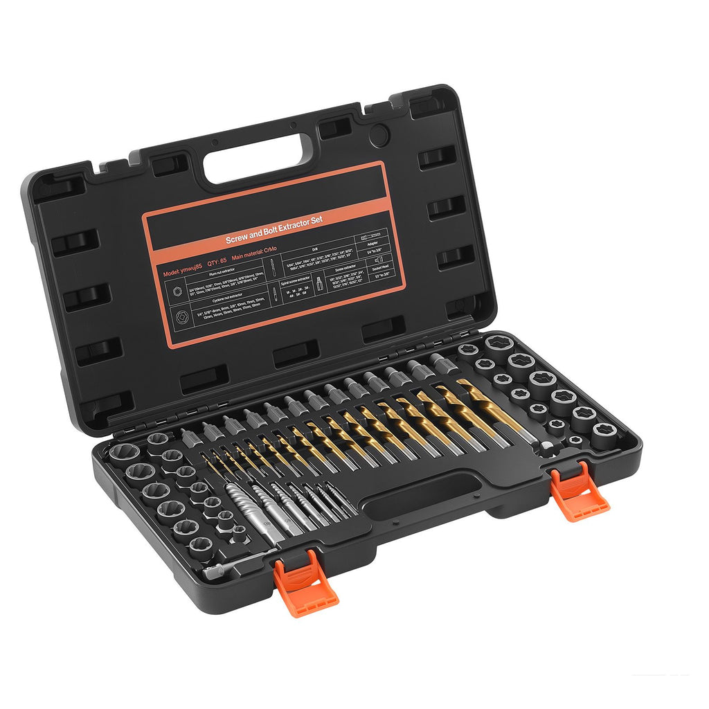 Screw Extractor Set with Drill Bits, 65 Pieces, Easy Out Nut Bolt Extractors and Drill Bits, with Adapters, Solid Storage Case, Cr-Mo Steel for Removing Rounded, Broken, or Stripped Fasteners