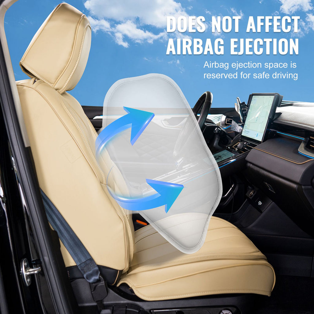 Seat Covers, Universal Car Seat Covers Front Seats, 6pcs Faux Leather Seat Cover, Full Enclosed Design, Detachable Headrest and Airbag Compatible, for Most Cars SUVs and Trucks Beige