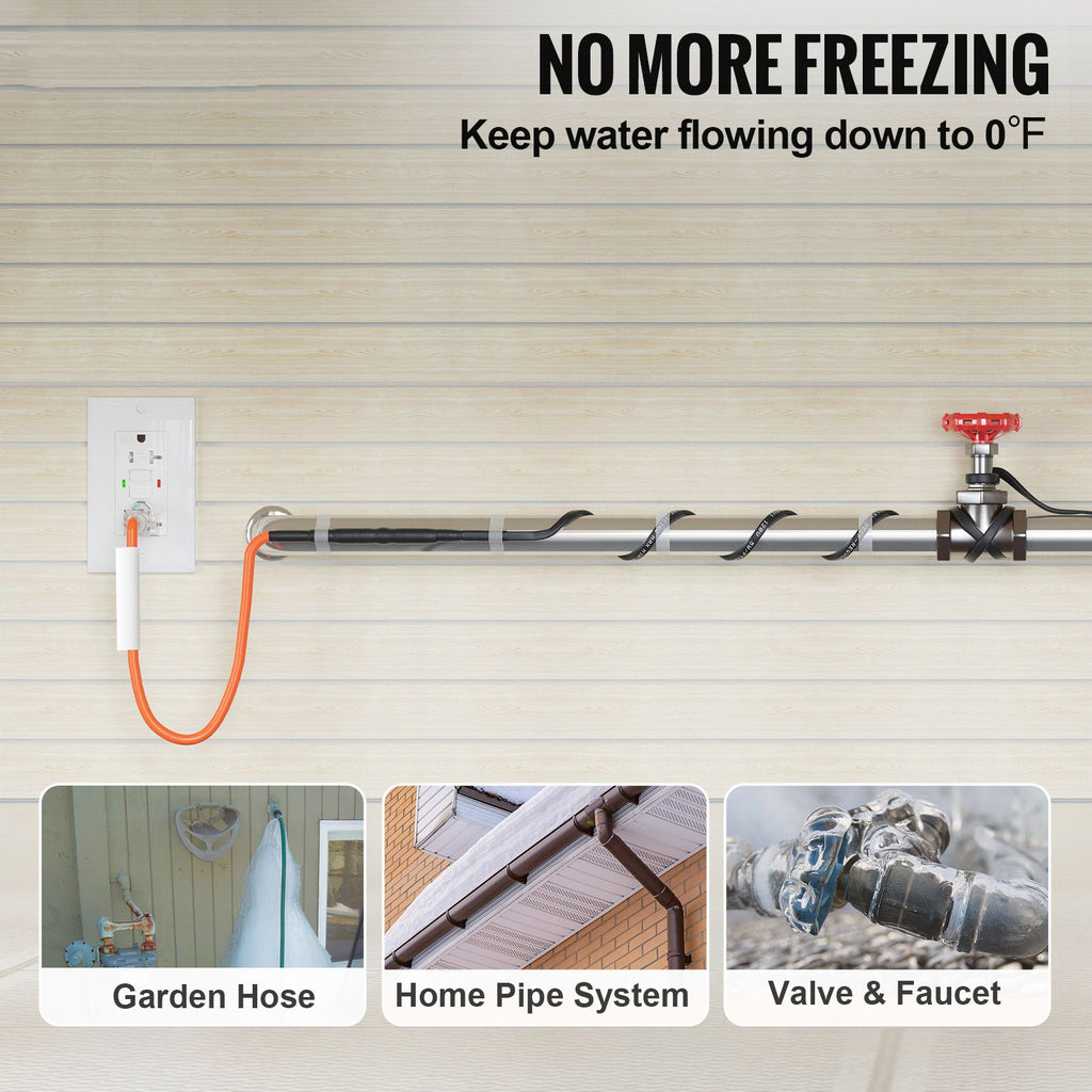Self-Regulating Pipe Heating Cable, 15FT 5W/FT Heat Tape for Pipes Freeze Protection, Water Pipe Heat Cable with Built-in Thermostat Protects PVC Hose, Metal and Plastic Pipe from Freezing