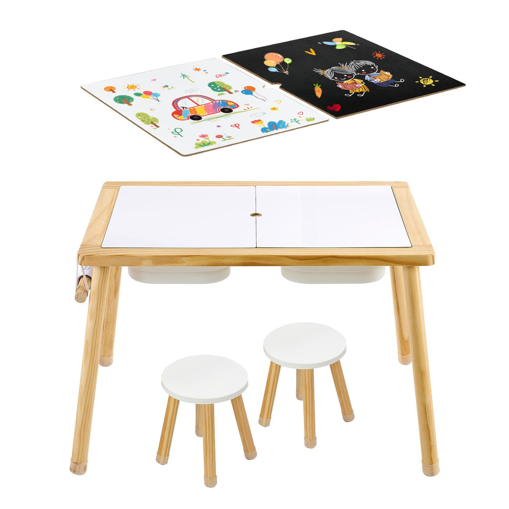 Sensory Table for Toddlers, Wooden Kids Activity Table with 2 Stools, Double-Sided Board, Storage Bins, and Non-Slip Feet, for Boys and Girls Playing Sand and Water, Drawing, Studying, Dining