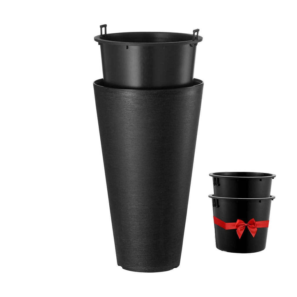 Set of 2 Tall Planter For Outdoor Indoor Plants 24inch, Black Round Large Planters For Front Porch, Patio, Tall Taper Flower Tree Plant Pots with Modern Design and Built-in Drainage