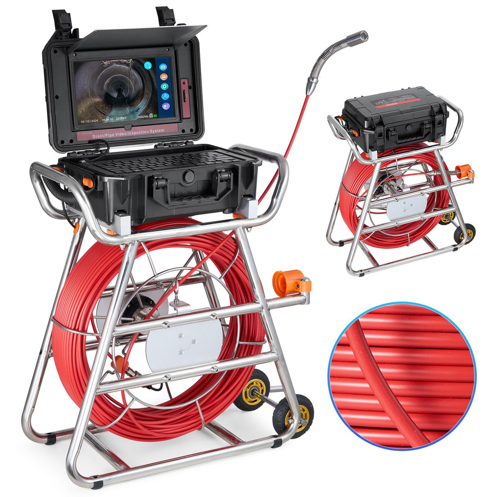 Sewer Camera, 328 ft/100m, Self-Leveling Drain Camera with 10.1" Touchscreen, 512Hz Transmitter & Distance Counter, IP67 Snake Plumbing Camera with Lights-12 LED, 32GB Card for Duct Pipe