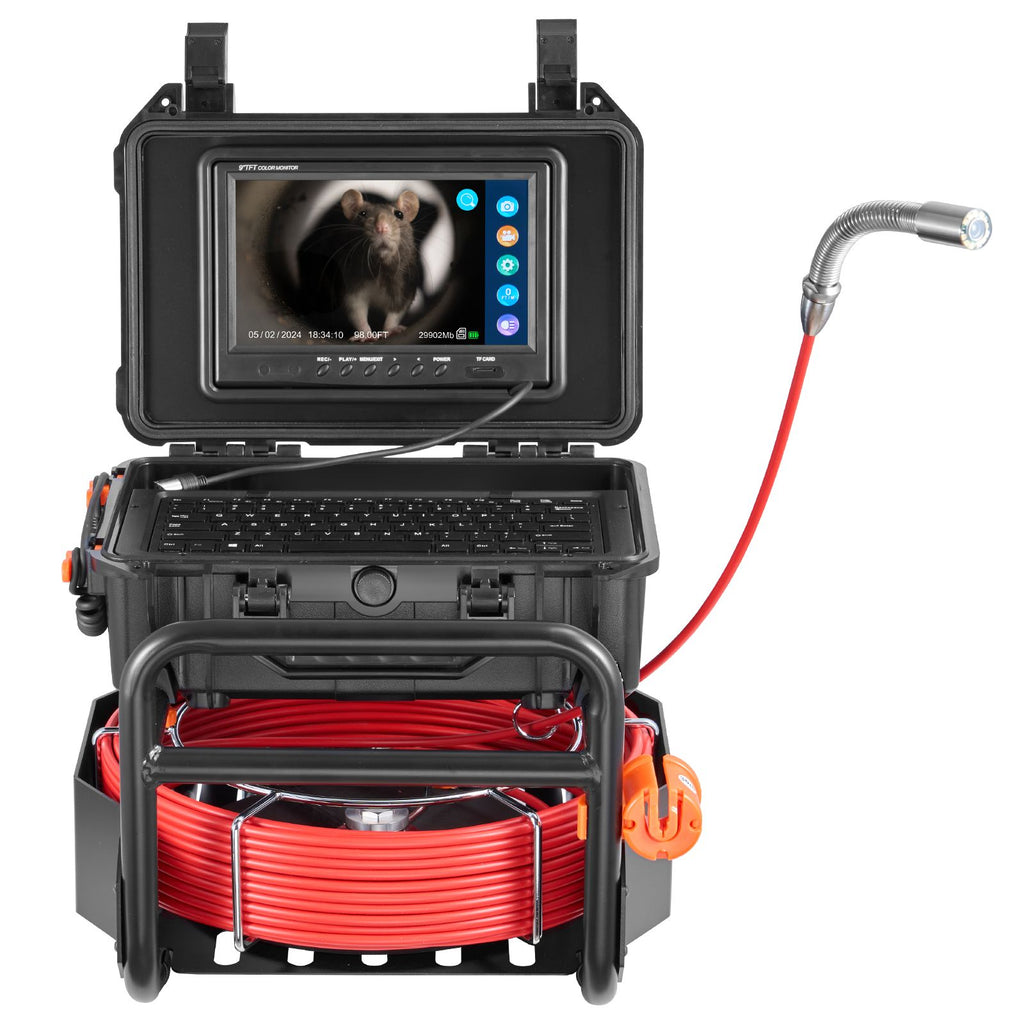 Sewer Camera, 98 ft/30m, Self-Leveling Drain Camera with 512Hz Transmitter, Distance Counter, 9" Screen 1080P HD Snake Plumbing Camera with Light-12 LED & 32GB Card for Duct Pipe