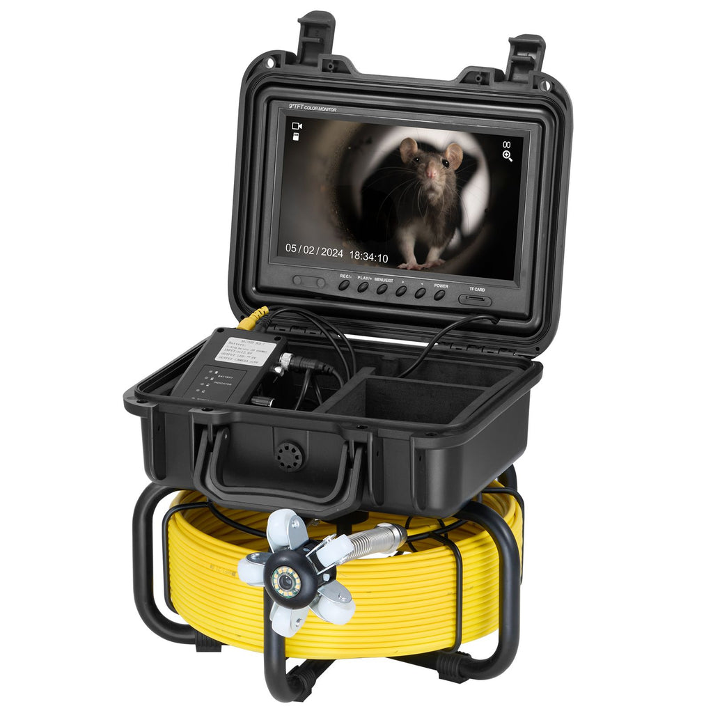 Sewer Camera, 98 ft/30m, Self-Leveling Drain Inspection Camera with 9" 1080P HD Screen, 36X Zoom, IP68 Waterproof Plumbing Camera with Lights-12 LED, 32GB Card Snake Camera for Duct Pipe