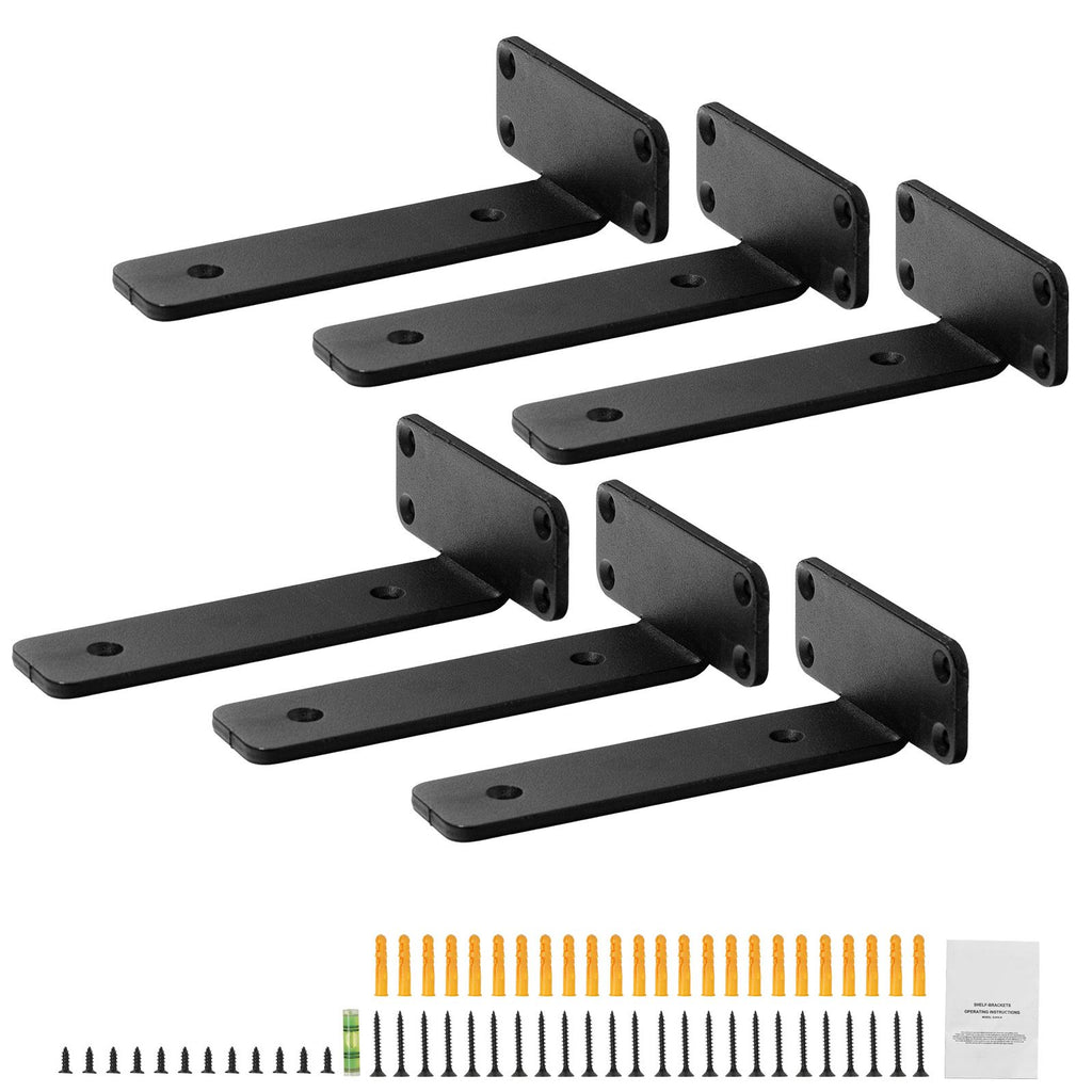 Shelf Bracket, 6'L x 4'W x 1.6'H 6 Pcs, Heavy Duty Floating Shelf Brackets, Brackets for Shelves, 5mm Thick Matte Black L Shelf Bracket,Steel Shelving Brackets with 160 lbs Load Capacity